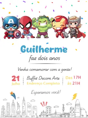Convite de Aniversário Vingadores Infantil para Editar