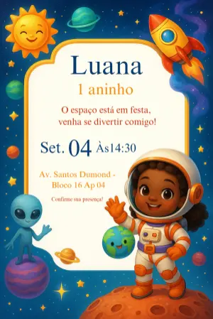 Convite Aniversário Astronauta Menina Negra para Editar Online