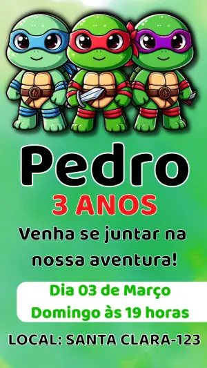 Convite de Aniversário Tartarugas Ninja Fofo para Editar