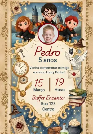 Convite de Aniversário Harry Potter com Foto para Editar