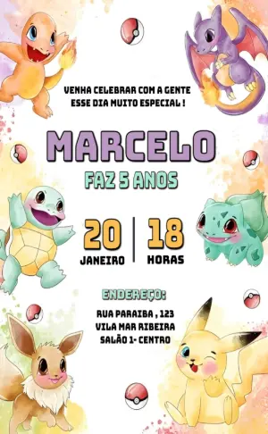 Convite de Aniversário Pokémon com Pikachu para Editar Online