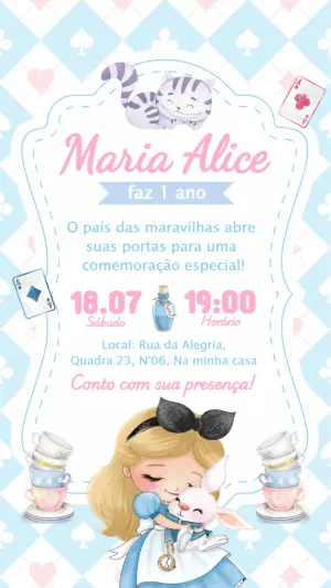Convite Aniversário Alice no País das Maravilhas Aquarela Editável