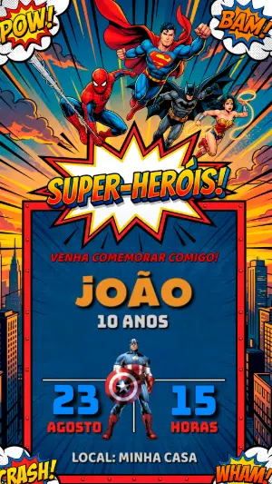 Convite de Aniversário Super Heróis para Editar Online