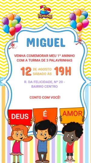 Convite de Aniversário 3 Palavrinhas Colorido para Editar