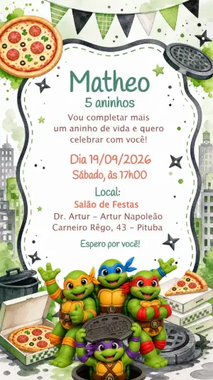 Convite de Aniversário Tartarugas Ninja Modelo Editável