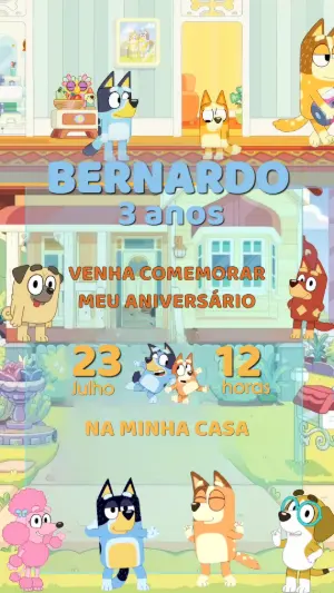 Convite Animado Aniversário Bluey e Bingo para Editar Online
