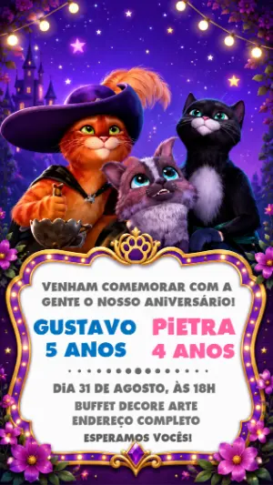 Convite de Aniversário Duplo Gato de Botas Modelo Editável