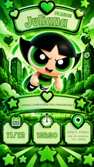 Convite de Aniversário Docinho 3D Meninas Superpoderosas Editável