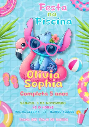 Convite Aniversário Stitch Pool Party para Editar Online