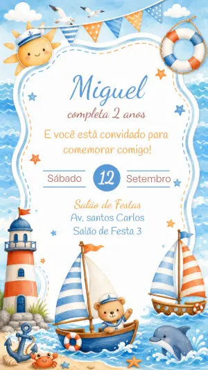Convite de Aniversário Marinheiro com Ursinho Editável