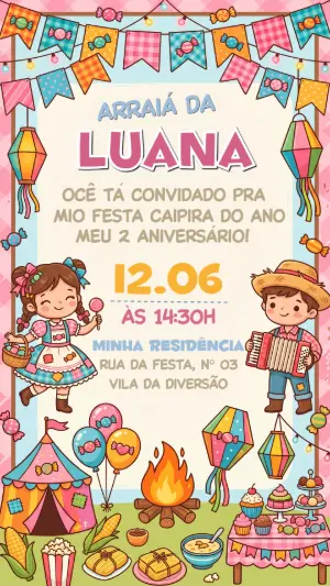 Convite de Aniversário Festa Junina Menina Editável