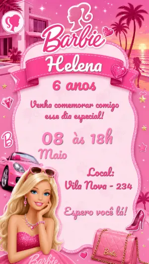 Convite de Aniversário Barbie Rosa e Glitter para Editar