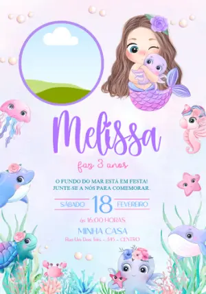 Convite de Aniversário Sereia Aquarela com Foto Editável