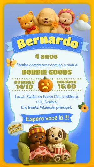 Convite de Aniversário Bobbie Goods com Animais Fofos para Editar