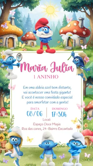 Convite de Aniversário Smurfs Editável Online para Imprimir