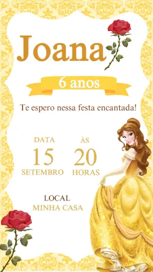 Convite de Aniversário Bela e a Fera Modelo Editável