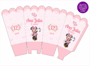 Caixa Pipoca Festa Minnie Mouse Rosa para Editar Online