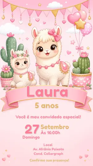 Convite de Aniversário Lhama Rosa Editável para Menina