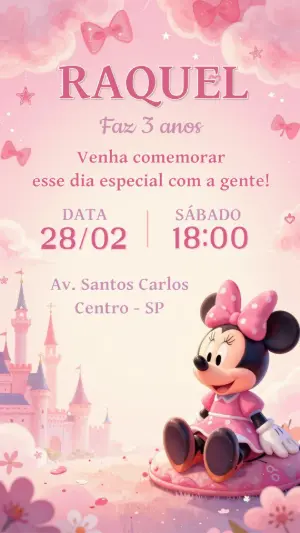Convite de Aniversário Minnie Rosa e Castelo Editável