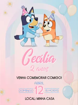 Convite de Aniversário Bluey e Bingo Menina Editável
