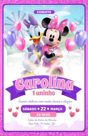 Convite de Aniversário Minnie e Margarida Rosa Editável