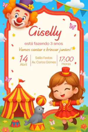Convite Aniversário Circo com Personagens para Editar Online