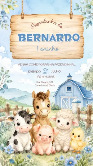Convite de Aniversário Fazendinha Aquarela Editável