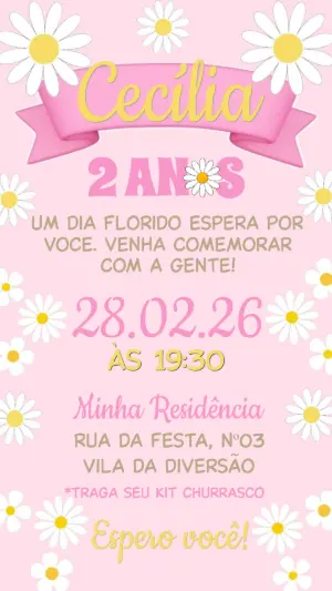 Convite de Aniversário Infantil Tema Margaridas Editável
