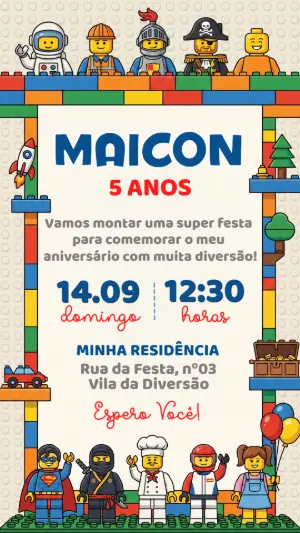 Convite de Aniversário Blocos de Montar Colorido para Editar