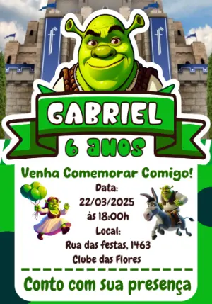 Convite de Aniversário Shrek com Personagens para Editar Online