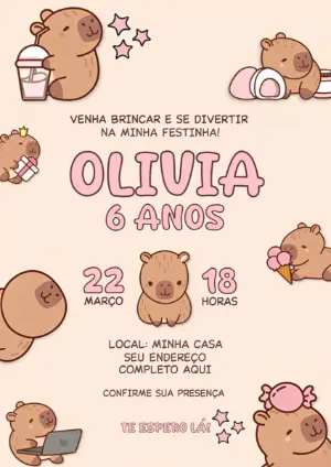 Convite de Aniversário Capivara Fofo Rosa para Editar