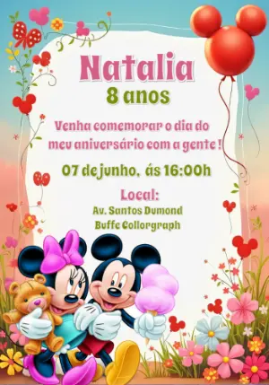 Convite de Aniversário Minnie e Mickey Mouse para Editar Online