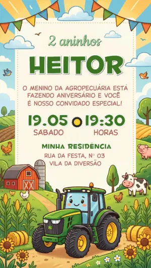 Convite de Aniversário Infantil Fazendinha com Trator Editável