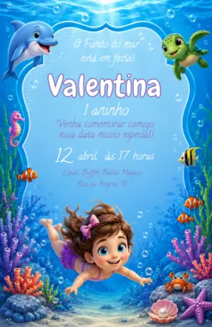 Convite de Aniversário Fundo do Mar Infantil Editável