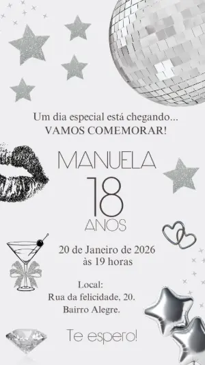Convite Aniversário Disco Glam com Brilho Prata para Editar