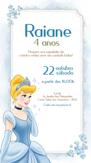 Convite de Aniversário Cinderela para Editar Online
