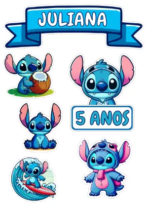 Topo de Bolo Stitch para Aniversário para Editar e Imprimir