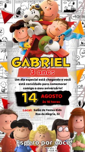 Convite de Aniversário Snoopy e sua Turma para Editar Online