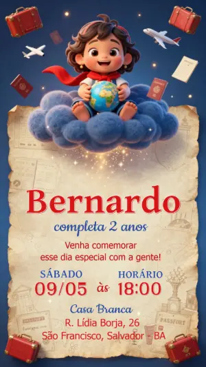 Convite de Aniversário Infantil Tema Viagem Editável