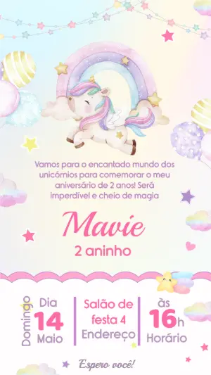 Convite de Aniversário Unicórnio Mágico em Aquarela para Editar