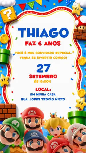 Convite de Aniversário Super Mario Colorido para Editar