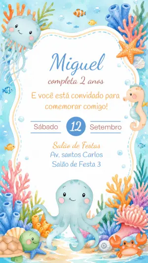 Convite Aniversário Fundo do Mar Baby para Editar Online