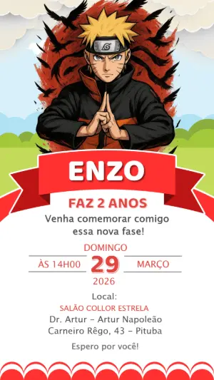 Convite Digital Tema Naruto para Aniversário Infantil Editável