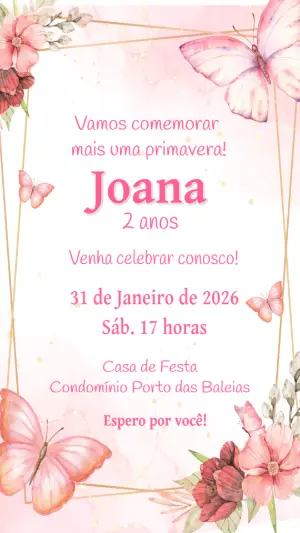 Convite de Aniversário Jardim das Borboletas Rosa para Editar