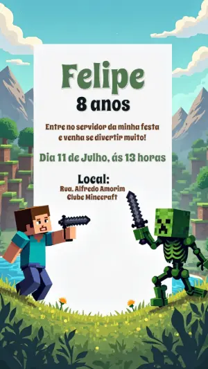 Convite de Aniversário Minecraft com Personagens para Editar