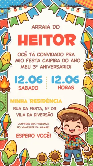 Convite de Aniversário Festa Junina Menino Editável