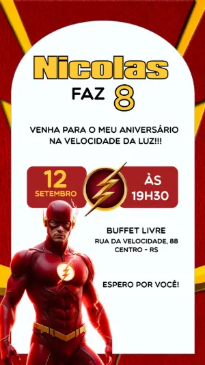 Convite de Aniversário The Flash Vermelho e Amarelo Editável