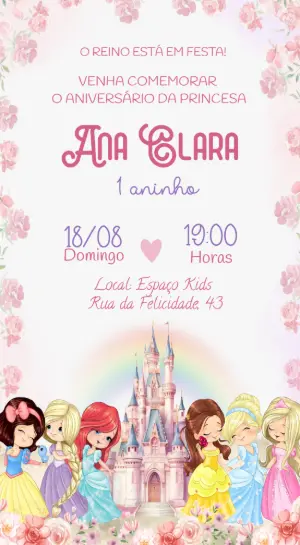 Convite Animado Aniversário Princesas Delicado para Editar