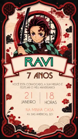 Convite de Aniversário Zenitsu Demon Slayer Editável