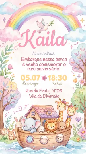 Convite Aniversário Arca de Noé Menina Aquarela Editável